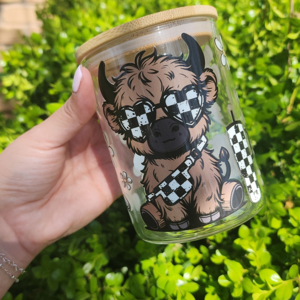 Cute Cow Glass mug with Bamboo Lid